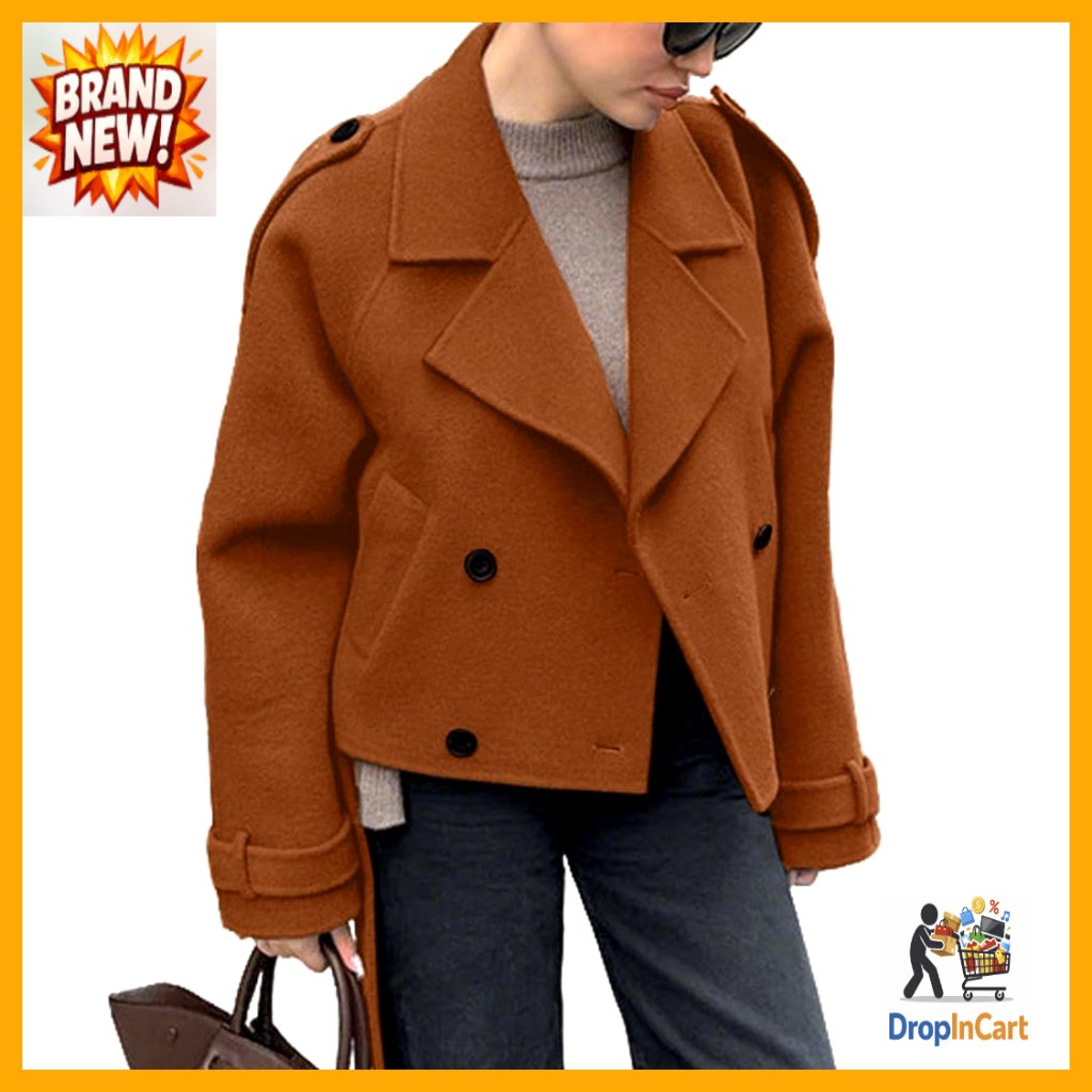 Crop Wool Pea Coat Elegant Chic Lapel Collar Office Work Short Winter Jacket